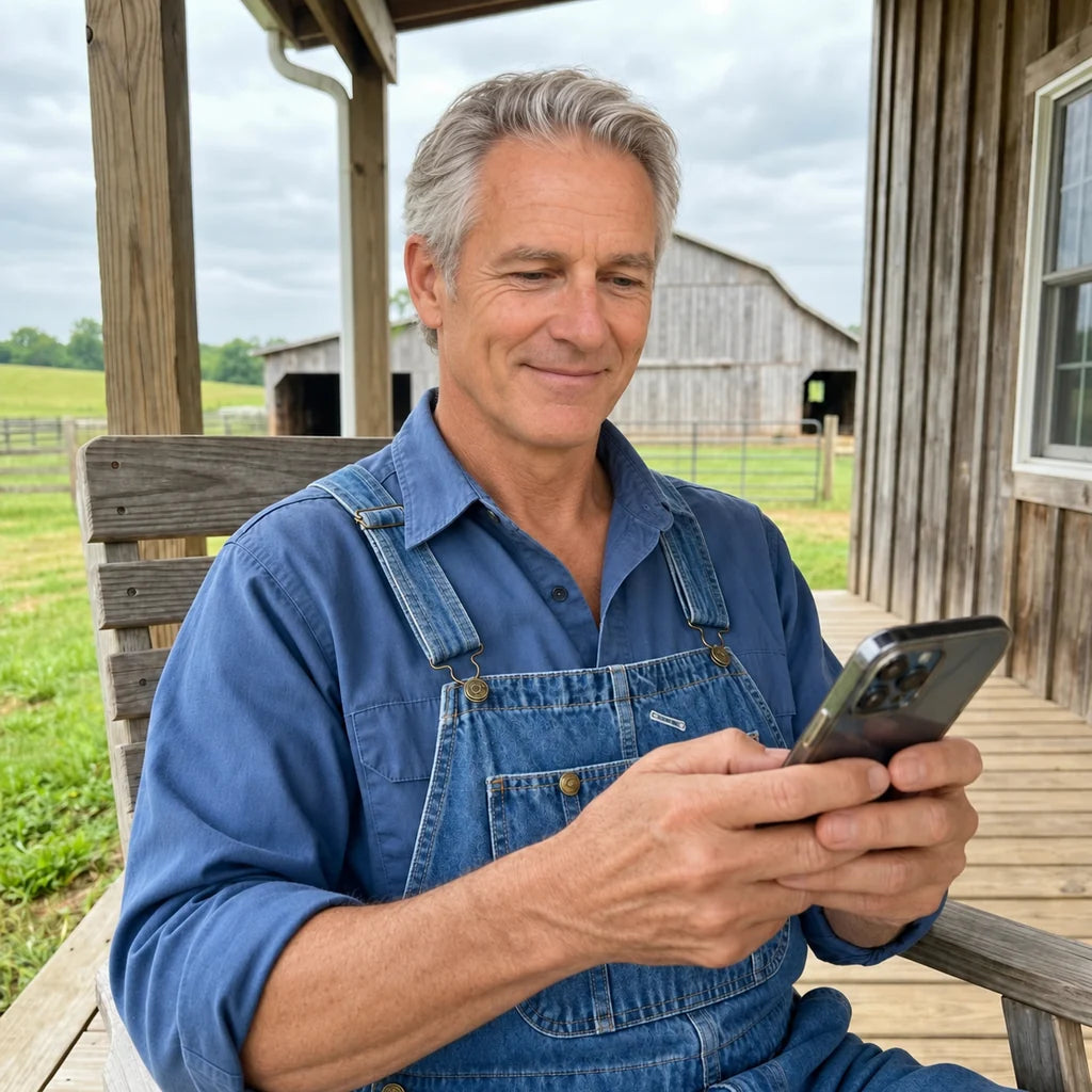 Felix Hoffmann mit Mobiltelefon auf der Veranda