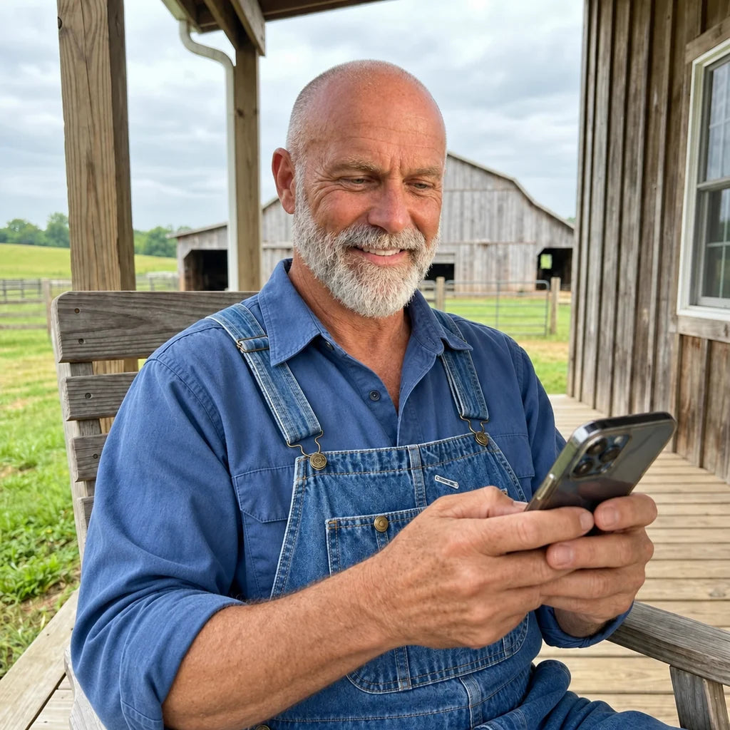 Jan Glatzenheimer mit Mobiltelefon auf der Veranda
