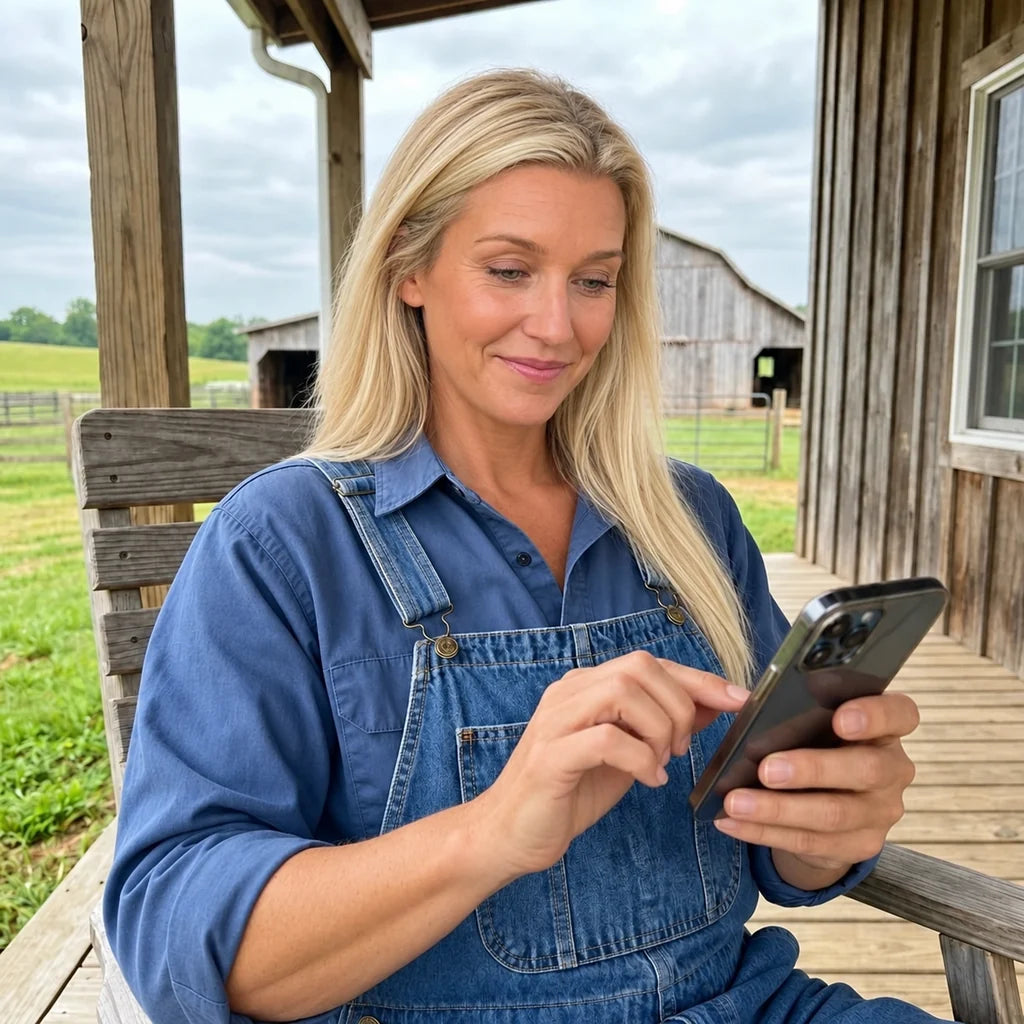 Lisa Bergmann mit Mobiltelefon auf der Veranda